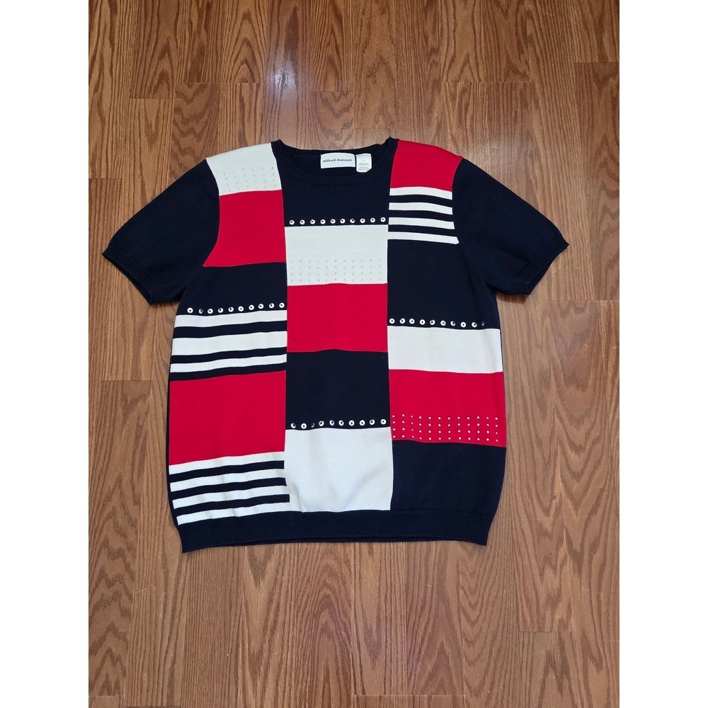 Alfred Dunner Womens Large Colorblock Studded Knit Top Navy Red‎ White Cotton L